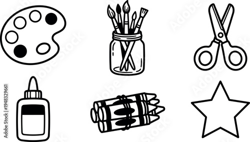 Black and white line art set of six art crafting tools with paint palette brushes scissors glue crayons and star shape icons