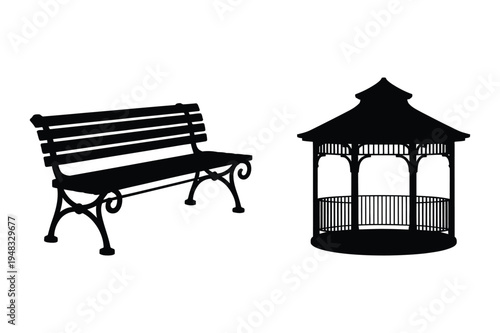 Park bench and gazebo silhouettes