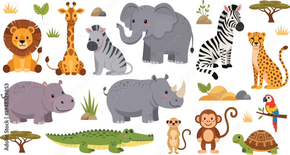 Fototapeta premium African Safari Animals Vector Illustration Set Featuring Lion, Giraffe, Elephant, Zebra, Cheetah, Rhino, Hippo, Crocodile, Monkey, Parrot, and Turtle for Wildlife Graphics.