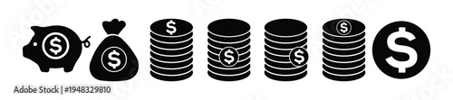 Money and Savings Icons Set with Piggy Bank, Money Bag and Coin Stacks Vector Illustration