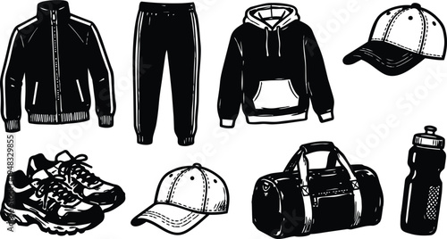 Hand drawn black line art sportswear flat vector set showing jacket hoodie jogger pants sneakers caps duffel bag water bottle