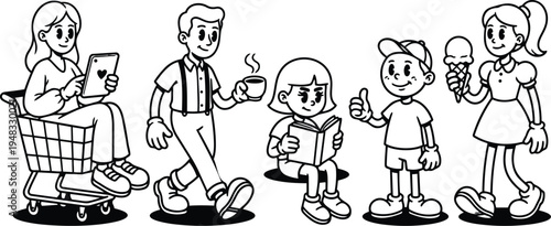 Line art characters woman in cart using tablet man walking with coffee girl reading boy thumbs up ice cream
