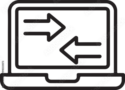 A black and white line drawing depicting a laptop with upload and download arrows on the screen