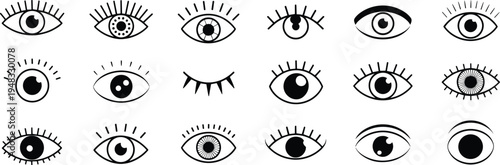 Eye vision icon set, human eyesight symbols collection, eyelash iris pupil observation elements, outline vector illustration pack
