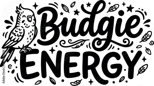 Cute budgie bird perched above hand lettering phrase budgie energy surrounded by decorative feathers stars and swirls