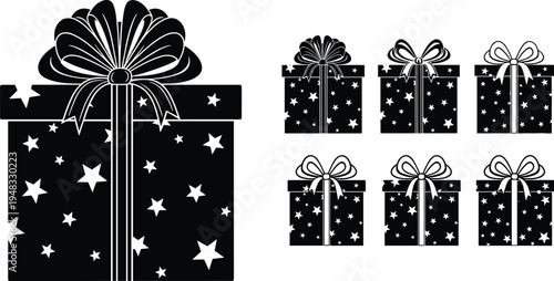 Gift box silhouette collection vector, wrapped present boxes with ribbon bows and star patterns, holiday celebration gift icons isolated illustration