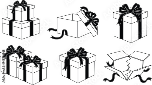 gift box icons set, wrapped present packages with ribbon bows, celebration and holiday surprise boxes vector illustration collection isolated