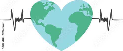 Heart shaped earth with heartbeat line illustration symbolizing love for the planet, environmental care and global life concept. Simple flat design isolated on white background.