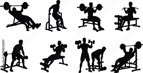 gym workout silhouette collection set, weightlifting bodybuilding exercises icons, fitness training equipment poses, black athlete vector illustration isolated sport activity pack