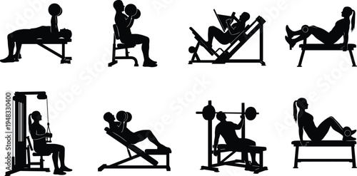 Gym workout silhouette set, men and women exercising with bench press dumbbells and machines, fitness training exercises collection vector illustration isolated