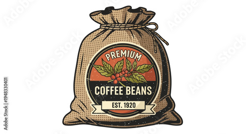 Burlap sack with premium coffee beans label, vintage style, isolated on white
