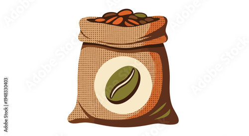 Burlap sack filled with coffee beans, illustrated with a coffee bean logo