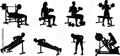 gym workout silhouettes collection, men and women strength training exercises, bench press dumbbell push up fitness activity vector illustration set