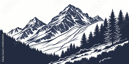 snowy mountain range with trees on the side Vector