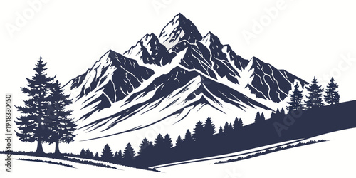 a mountain range with trees in the foreground Vector