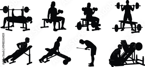 gym workout silhouettes set, weightlifting and strength training exercises collection, bodybuilding fitness routine with barbell dumbbell vector illustration isolated