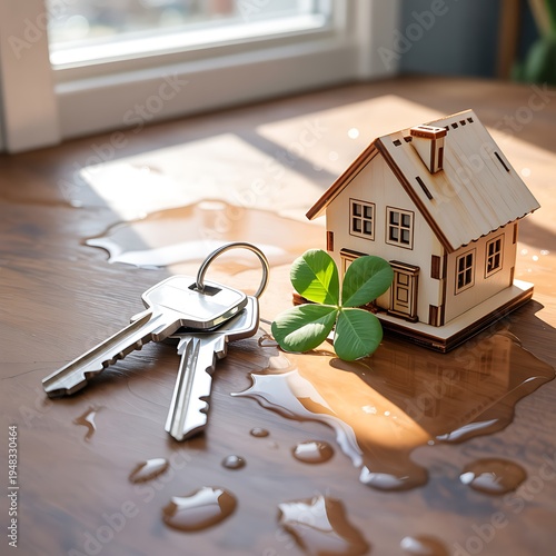 A miniature wooden house model with silver keys and a green clover on a wet wooden floor