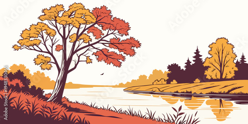a tree with orange and yellow leaves by a lake Vector