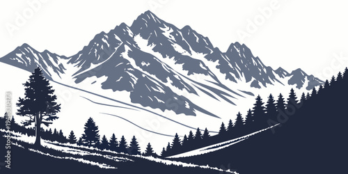 a mountain landscape with a pine tree on a hillside Vector