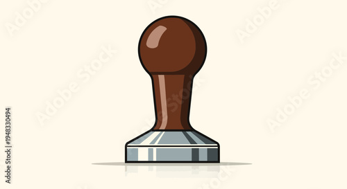 Coffee tamper with brown handle and metal base, isolated on light background.