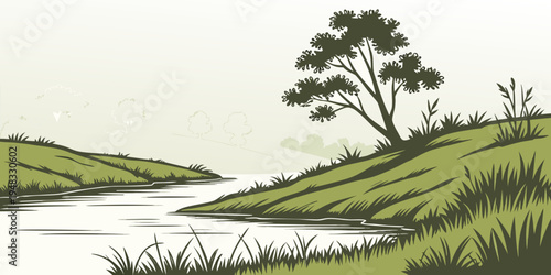 a serene landscape with a river and a tree on a hill Vector