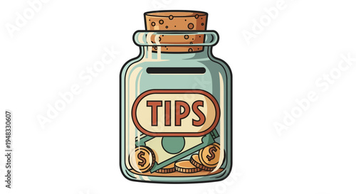 Glass Jar Filled with Money and Coins Labeled 'TIPS'