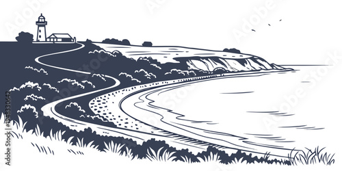 a scenic coastal landscape with a winding road Vector
