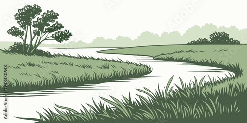 a serene river winding through a lush green landscape Vector