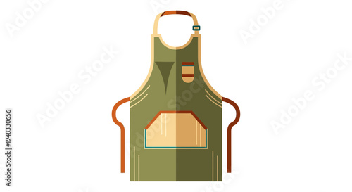 Green apron with pocket and strap, flat illustration