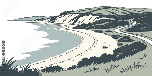 a serene coastal landscape with a sandy beach and grassy hills Vector