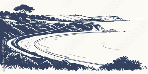 a winding road leading to a serene lake Vector