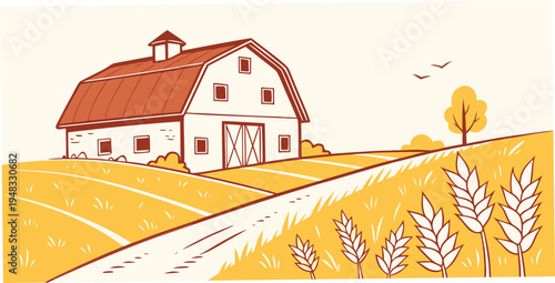 a white barn with a red roof sits next to a field Vector
