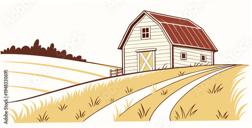 a small white barn with a red roof sits in a rural field Vector