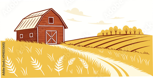 a red barn in a rural landscape with a field Vector