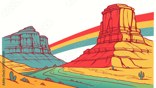 a colorful desert landscape with a rock formation and a rainbow Vector