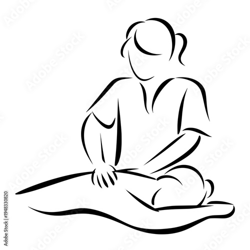 Soft line art depicts massage therapist providing professional leg treatment with skilled hands. Illustration captures therapeutic touch of massage therapist, symbolizing relaxation and well-being.