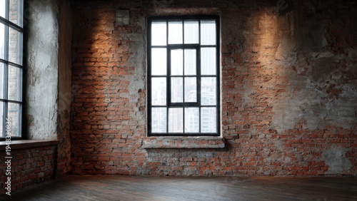 Rustic room with brick wall and windows