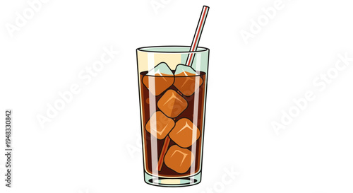 Refreshing iced coffee in tall glass with straw, isolated on white