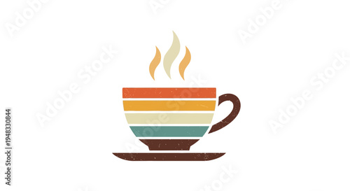 Retro Coffee Cup with Steam, Vintage Stripes and Grunge Texture