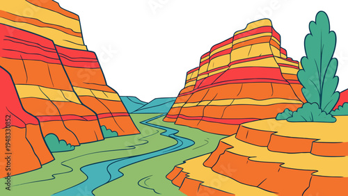 a colorful rocky landscape with a river and a tree Vector