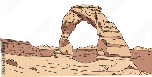 a large rock arch in the desert landscape Vector