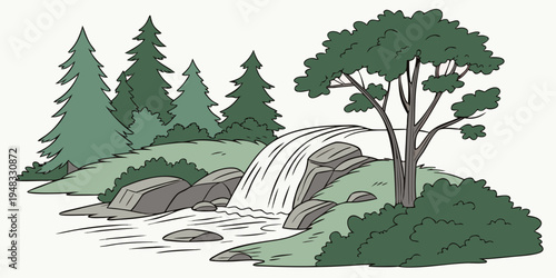a waterfall cascading down a rocky slope surrounded by trees Vector