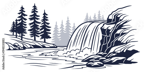 a waterfall cascading down a rocky slope surrounded by trees Vector