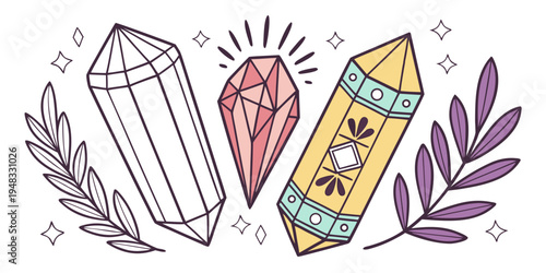 a colorful drawing of a pencil and crystals with leaves Vector
