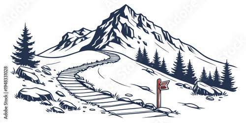 a mountain range with a flag on a pole Vector