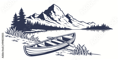 a boat on a lake with mountains in the background Vector