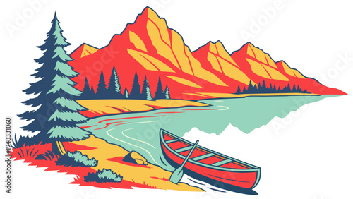 a red canoe floats on a serene lake with a majestic mountain range Vector