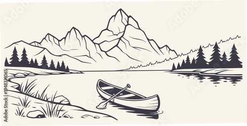 a serene mountain lake scene with a canoe Vector