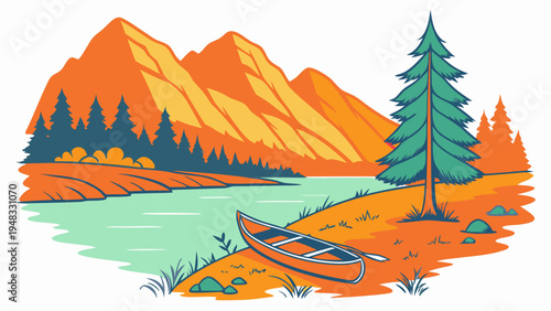 a serene mountain lake scene with a canoe and evergreen trees Vector