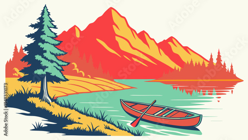 a red canoe floats on a lake near a pine tree and mountains Vector